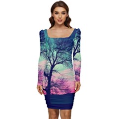 Tree Abstract Field Galaxy Night Nature Women Long Sleeve Ruched Stretch Jersey Dress