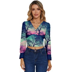 Tree Abstract Field Galaxy Night Nature Long Sleeve V-neck Top by Jancukart