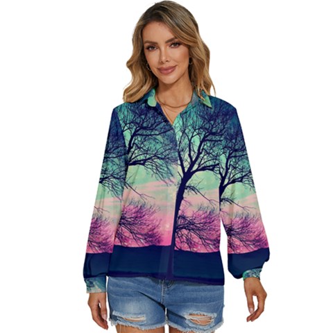 Tree Abstract Field Galaxy Night Nature Women s Long Sleeve Button Down Shirt by Jancukart