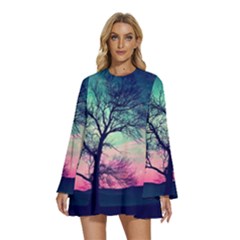 Tree Abstract Field Galaxy Night Nature Round Neck Long Sleeve Bohemian Style Chiffon Mini Dress