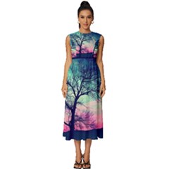 Tree Abstract Field Galaxy Night Nature Sleeveless Round Neck Midi Dress by Jancukart