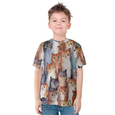 Cats Watercolor Pet Animal Mammal Kids  Cotton Tee by Jancukart