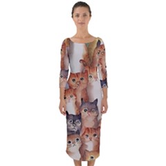 Cats Watercolor Pet Animal Mammal Quarter Sleeve Midi Bodycon Dress