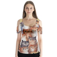 Cats Watercolor Pet Animal Mammal Butterfly Sleeve Cutout Tee 