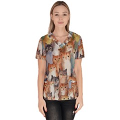 Cats Watercolor Pet Animal Mammal Women s V-neck Scrub Top by Jancukart