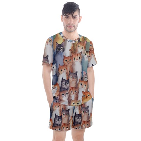 Cats Watercolor Pet Animal Mammal Men s Mesh Tee And Shorts Set by Jancukart