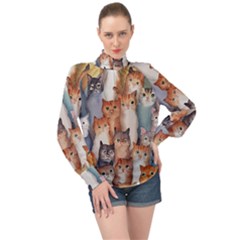 Cats Watercolor Pet Animal Mammal High Neck Long Sleeve Chiffon Top