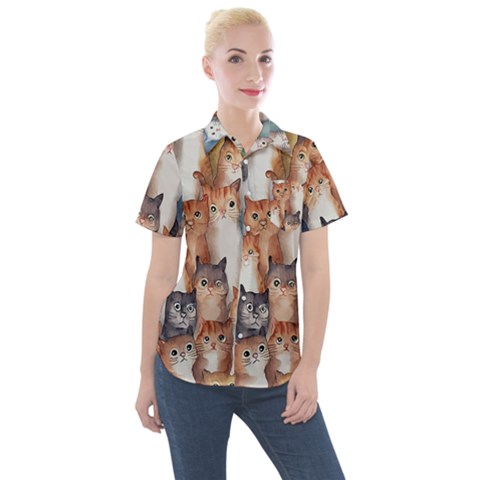 Cats Watercolor Pet Animal Mammal Women s Short Sleeve Pocket Shirt by Jancukart