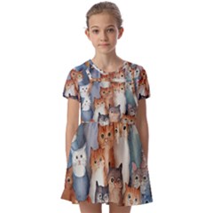 Cats Watercolor Pet Animal Mammal Kids  Short Sleeve Pinafore Style Dress