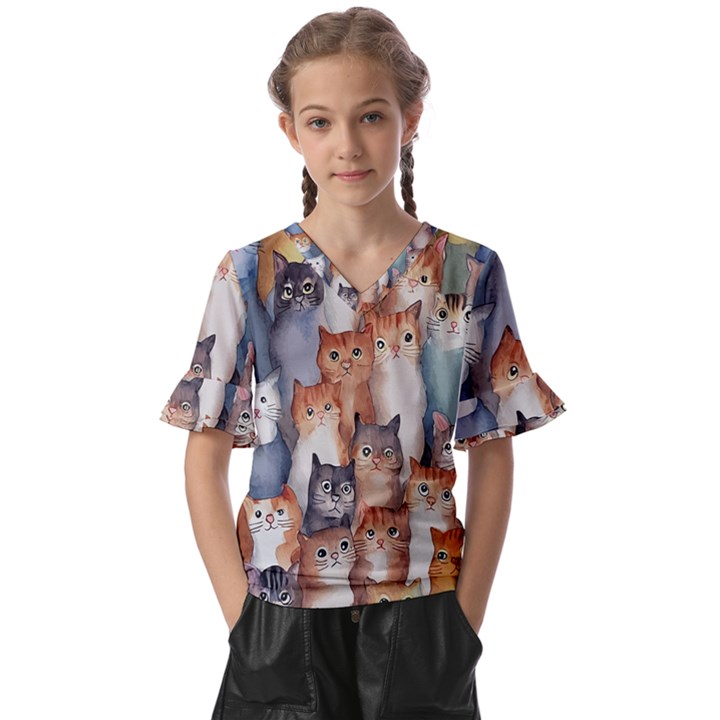 Cats Watercolor Pet Animal Mammal Kids  V-Neck Horn Sleeve Blouse