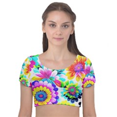 Flower Floral Flora Dais Rose Velvet Short Sleeve Crop Top 