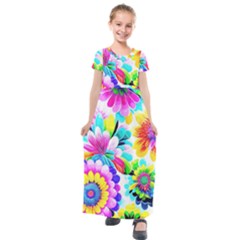 Flower Floral Flora Dais Rose Kids  Short Sleeve Maxi Dress by Jancukart