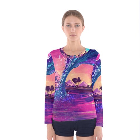 Retro Wave Ocean Women s Long Sleeve Tee by Semog4