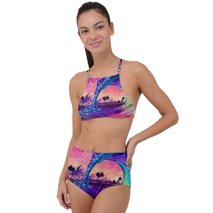 Retro Wave Ocean High Waist Tankini Set