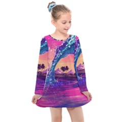 Retro Wave Ocean Kids  Long Sleeve Dress by Semog4