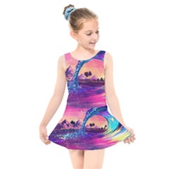 Retro Wave Ocean Kids  Skater Dress Swimsuit by Semog4