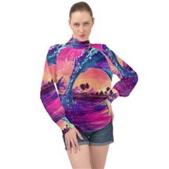 Retro Wave Ocean High Neck Long Sleeve Chiffon Top by Semog4