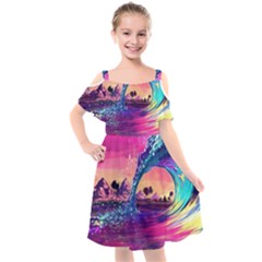 Retro Wave Ocean Kids  Cut Out Shoulders Chiffon Dress by Semog4