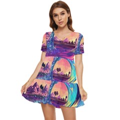 Retro Wave Ocean Tiered Short Sleeve Babydoll Dress by Semog4