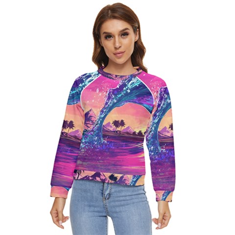 Retro Wave Ocean Women s Long Sleeve Raglan Tee by Semog4