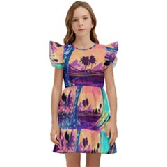 Retro Wave Ocean Kids  Winged Sleeve Dress