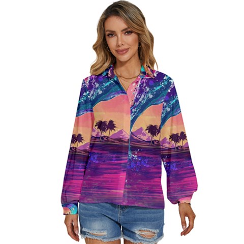 Retro Wave Ocean Women s Long Sleeve Button Down Shirt by Semog4