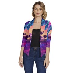 Retro Wave Ocean Women s Draped Front 3/4 Sleeve Shawl Collar Jacket