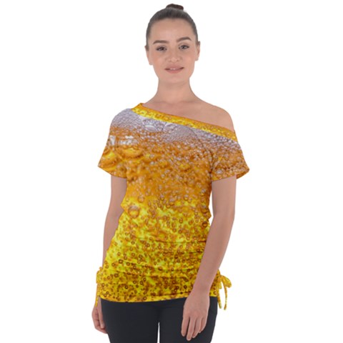 Texture Pattern Macro Glass Of Beer Foam White Yellow Bubble Off Shoulder Tie-up Tee by Semog4