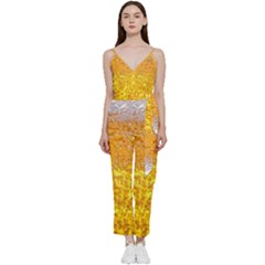 Texture Pattern Macro Glass Of Beer Foam White Yellow Bubble V-neck Spaghetti Strap Tie Front Jumpsuit by Semog4