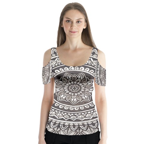 Mandala Circles Drawing Pattern Butterfly Sleeve Cutout Tee  by Semog4