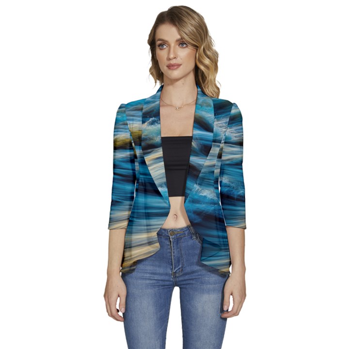 Waves Abstract Waves Abstract Women s 3/4 Sleeve Ruffle Edge Open Front Jacket