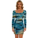 Waves Abstract Waves Abstract Long Sleeve Square Neck Bodycon Velvet Dress View1