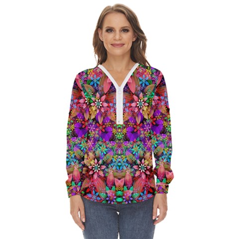 Flower Patterns Abstract Pattern Digital Art Zip Up Long Sleeve Blouse by Semog4