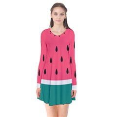 Watermelon Fruit Pattern Long Sleeve V-neck Flare Dress by Semog4