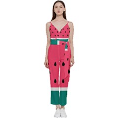 Watermelon Fruit Pattern V-neck Spaghetti Strap Tie Front Jumpsuit by Semog4