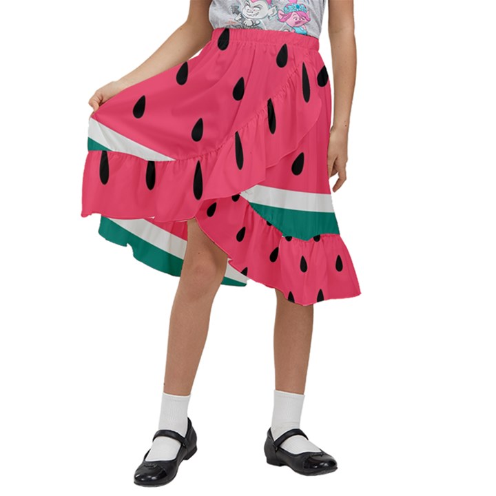 Watermelon Fruit Pattern Kids  Ruffle Flared Wrap Midi Skirt