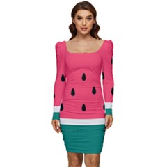 Watermelon Fruit Pattern Women Long Sleeve Ruched Stretch Jersey Dress by Semog4