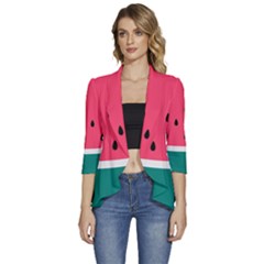 Watermelon Fruit Pattern Women s 3/4 Sleeve Ruffle Edge Open Front Jacket