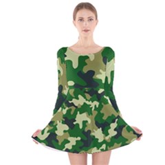 Green Military Background Camouflage Long Sleeve Velvet Skater Dress by Semog4