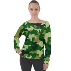 Green Military Background Camouflage Off Shoulder Long Sleeve Velour Top by Semog4