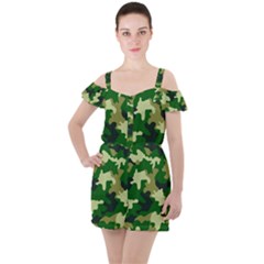 Green Military Background Camouflage Ruffle Cut Out Chiffon Playsuit by Semog4