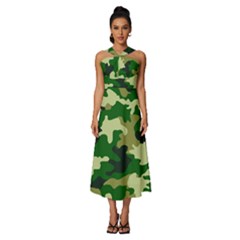 Green Military Background Camouflage Sleeveless Cross Front Cocktail Midi Chiffon Dress