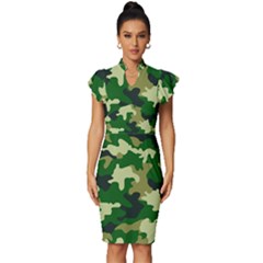 Green Military Background Camouflage Vintage Frill Sleeve V-neck Bodycon Dress by Semog4