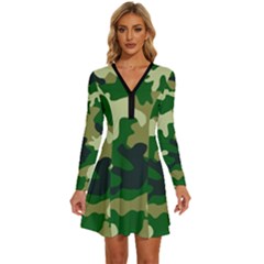 Green Military Background Camouflage Long Sleeve Deep V Mini Dress  by Semog4