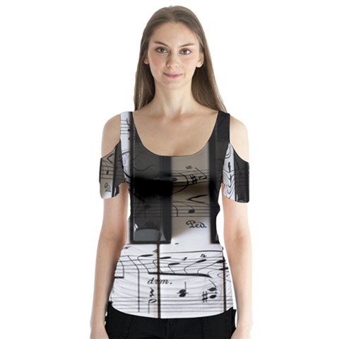 Music Piano Instrument Sheet Butterfly Sleeve Cutout Tee  by Semog4