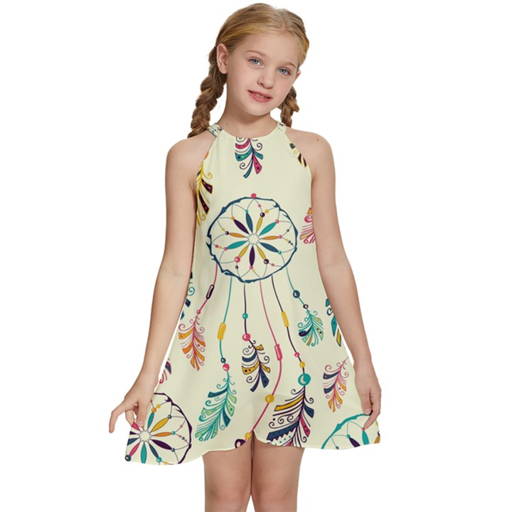 Dreamcatcher Abstract Pattern Kids  Halter Collar Waist Tie Chiffon Dress