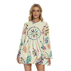 Dreamcatcher Abstract Pattern Round Neck Long Sleeve Bohemian Style Chiffon Mini Dress