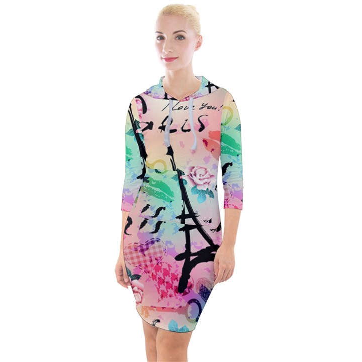 From Paris Abstract Art Pattern Quarter Sleeve Hood Bodycon Dress