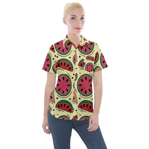 Watermelon Pattern Slices Fruit Women s Short Sleeve Pocket Shirt by Semog4