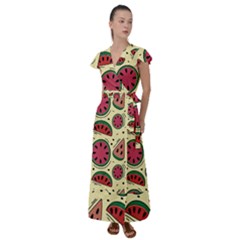 Watermelon Pattern Slices Fruit Flutter Sleeve Maxi Dress by Semog4